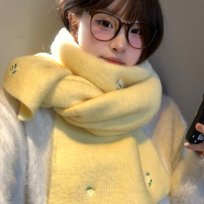 Корейски стил шал с флорална бродерия, вълнен плетен шал, топло през зимата, свеж и сладък стил