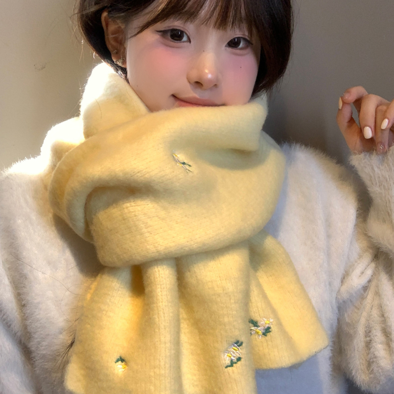 Корейски стил шал с флорална бродерия, вълнен плетен шал, топло през зимата, свеж и сладък стил