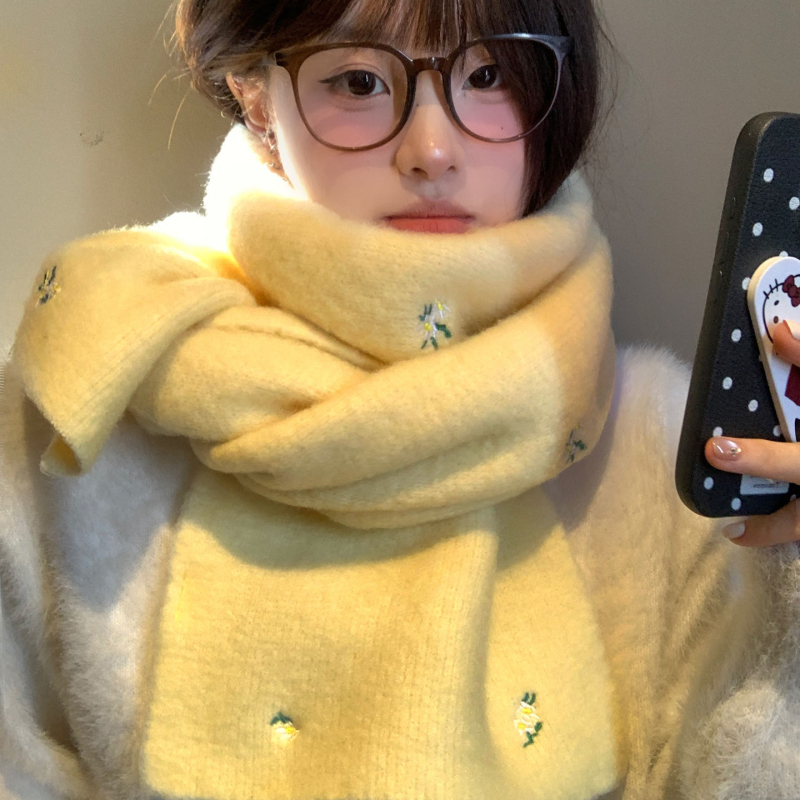 Корейски стил шал с флорална бродерия, вълнен плетен шал, топло през зимата, свеж и сладък стил