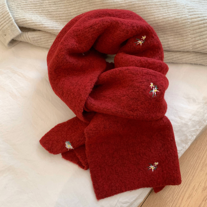 Корейски стил шал с флорална бродерия, вълнен плетен шал, топло през зимата, свеж и сладък стил