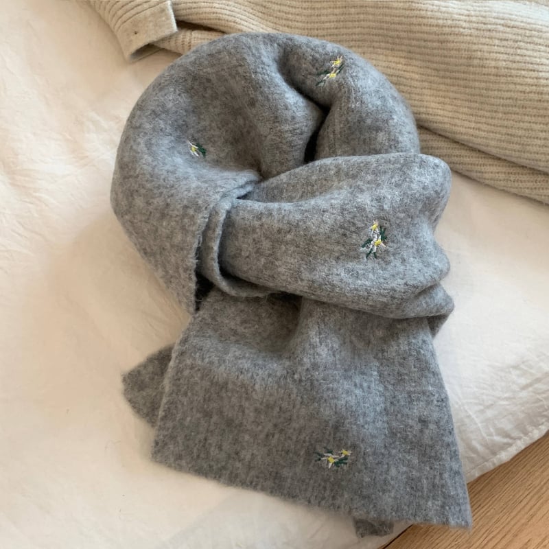 Корейски стил шал с флорална бродерия, вълнен плетен шал, топло през зимата, свеж и сладък стил