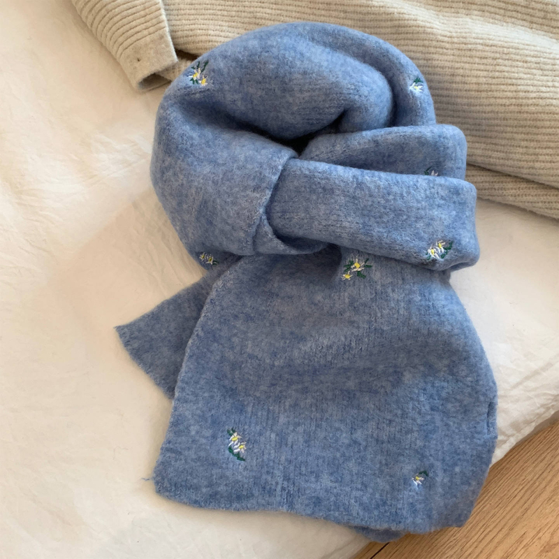 Корейски стил шал с флорална бродерия, вълнен плетен шал, топло през зимата, свеж и сладък стил