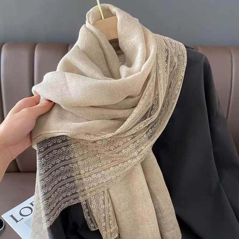 Ženski šal od pamuka i lana, satinirano warp-knit tkanje, jesenska sezona, svježi i slatki stil