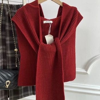 Unisex zimski pleteni šal s kapuljačom — vuna, warp tkanje, monocromatski uzorak, drži toplinu, japansko-korejski sladak stil