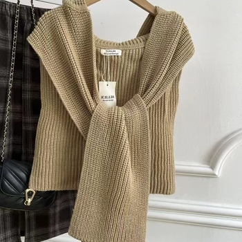 Unisex zimski pleteni šal s kapuljačom — vuna, warp tkanje, monocromatski uzorak, drži toplinu, japansko-korejski sladak stil