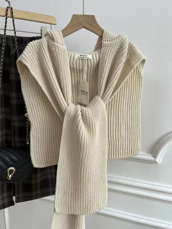 Unisex zimski pleteni šal s kapuljačom — vuna, warp tkanje, monocromatski uzorak, drži toplinu, japansko-korejski sladak stil