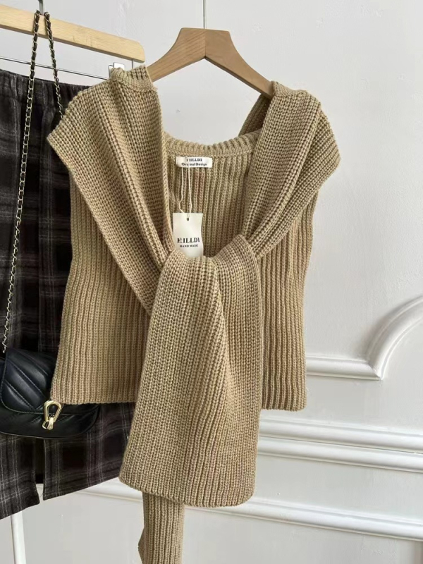 Unisex zimski pleteni šal s kapuljačom — vuna, warp tkanje, monocromatski uzorak, drži toplinu, japansko-korejski sladak stil
