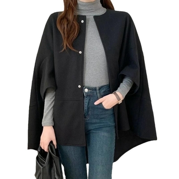 Γυναικείο παλτό από μάλλινο ύφασμα, τύπος κάπα με μανίκια τύπου μπατ, μεσαίου μήκους, ύφασμα μαλλί, πολυεστέρας 95%+