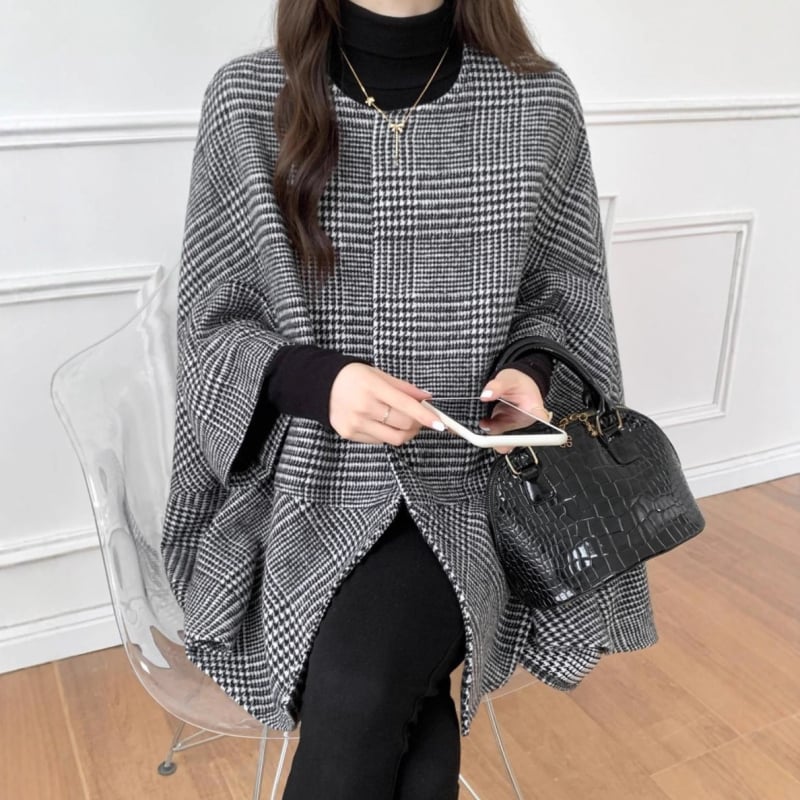 Γυναικείο παλτό από μάλλινο ύφασμα, τύπος κάπα με μανίκια τύπου μπατ, μεσαίου μήκους, ύφασμα μαλλί, πολυεστέρας 95%+