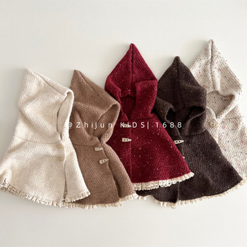 Set poncho tricotat pentru bebeluți cu pălărie elf (lână • warp knit • iarnă • pentru fete • stil Japonez/Koreean Dulce)