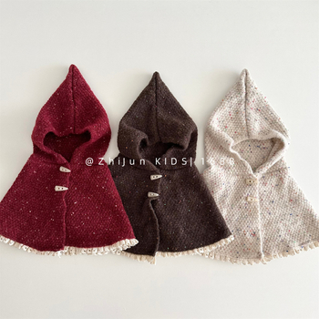 Set poncho tricotat pentru bebeluți cu pălărie elf (lână • warp knit • iarnă • pentru fete • stil Japonez/Koreean Dulce)