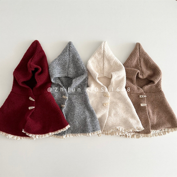 Set poncho tricotat pentru bebeluți cu pălărie elf (lână • warp knit • iarnă • pentru fete • stil Japonez/Koreean Dulce)