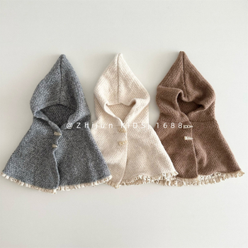 Set poncho tricotat pentru bebeluți cu pălărie elf (lână • warp knit • iarnă • pentru fete • stil Japonez/Koreean Dulce)