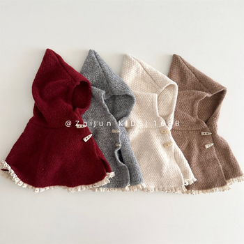 Set poncho tricotat pentru bebeluți cu pălărie elf (lână • warp knit • iarnă • pentru fete • stil Japonez/Koreean Dulce)
