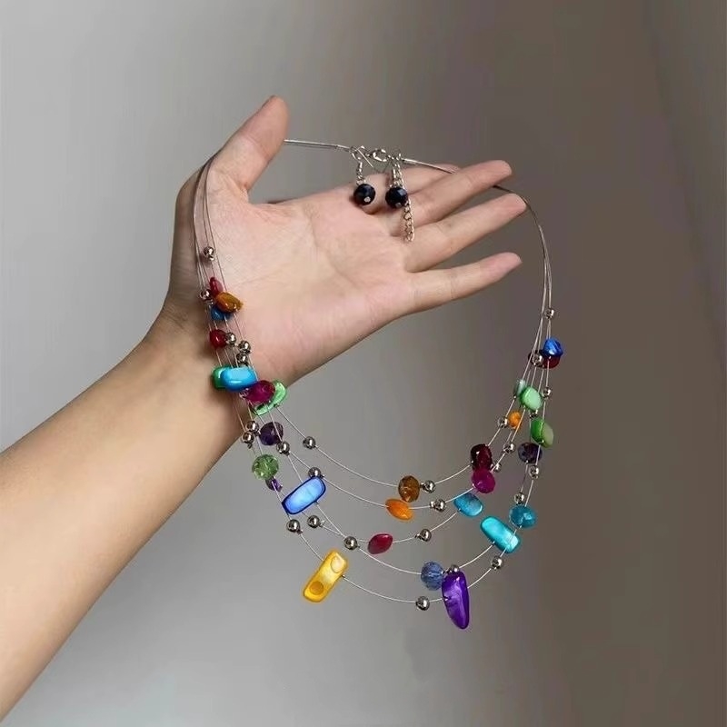 Boho nepravilan privjesak, višeslojni vintage etnički stil, lanac od legure, prilagodljiva duljina 21–50 cm