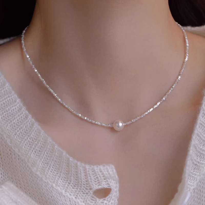 Nyaklánc műgyöngggyel és gyöngyház medállal, O-lánccal, elektroplattált bevonattal, geometriai dizájn — Kun Ling