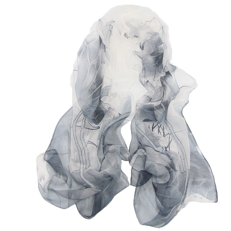 Georgette selyemsál, weft-knit, motív Lotus Pond Moonlight, nyár, közepes hosszúság