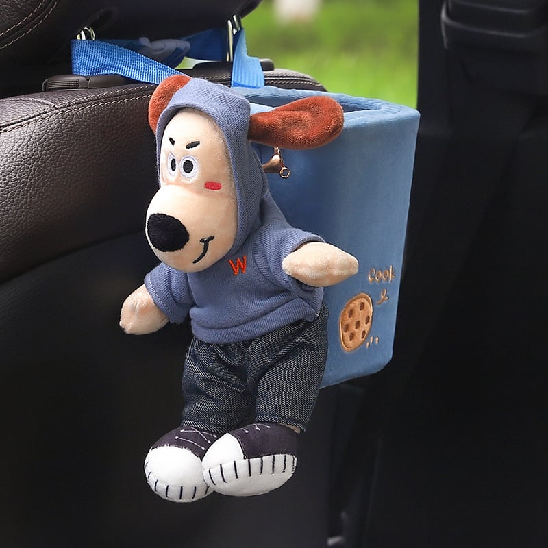 Автомобилна кутия за салфетки с плюшено кученце - закачваща се за облегалката, персонализиране налично; материал: плюш; приложение: вътре в автомобила; живот на продукта: 3–5 години; марка: Abu and Cotton