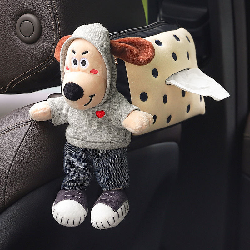 Автомобилна кутия за салфетки с плюшено кученце - закачваща се за облегалката, персонализиране налично; материал: плюш; приложение: вътре в автомобила; живот на продукта: 3–5 години; марка: Abu and Cotton