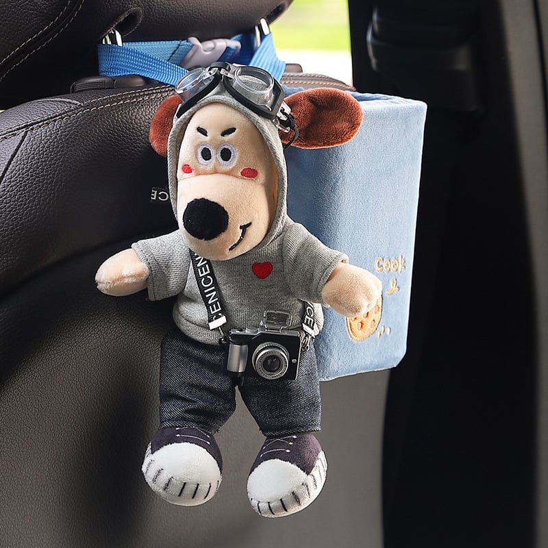 Автомобилна кутия за салфетки с плюшено кученце - закачваща се за облегалката, персонализиране налично; материал: плюш; приложение: вътре в автомобила; живот на продукта: 3–5 години; марка: Abu and Cotton