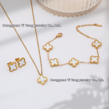 Četru lapu laimes juvelieru komplekts: kaklarota, rokassprādze un auskari no titāna tērauda, O-saites, elektroplatinga pārklājums