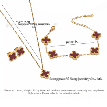 Četru lapu laimes juvelieru komplekts: kaklarota, rokassprādze un auskari no titāna tērauda, O-saites, elektroplatinga pārklājums