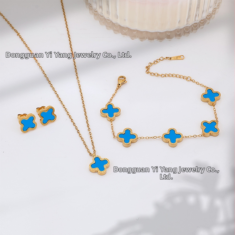 Četru lapu laimes juvelieru komplekts: kaklarota, rokassprādze un auskari no titāna tērauda, O-saites, elektroplatinga pārklājums