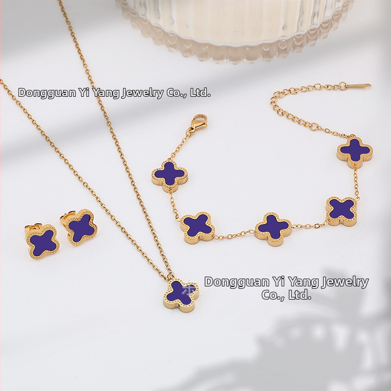 Četru lapu laimes juvelieru komplekts: kaklarota, rokassprādze un auskari no titāna tērauda, O-saites, elektroplatinga pārklājums