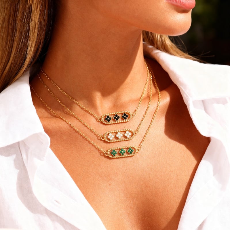 Komplekts: Kaklarota un rokassprādze ar četru lapu laimi no vara un cirkonu — vara ielikts ar cirkoniem, elektroplakēšana, sievietēm luksusa stils