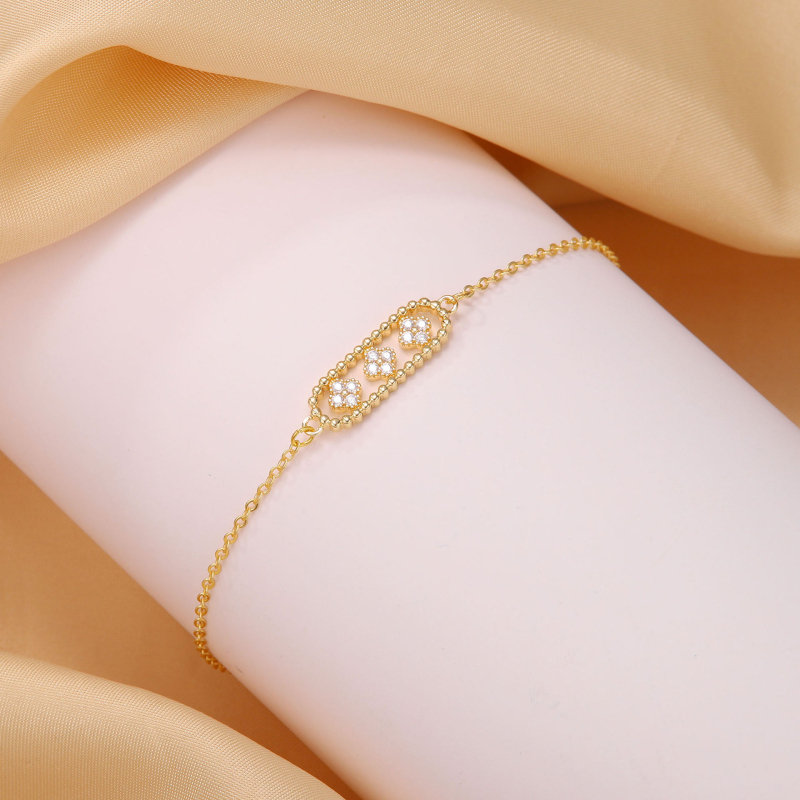 Komplekts: Kaklarota un rokassprādze ar četru lapu laimi no vara un cirkonu — vara ielikts ar cirkoniem, elektroplakēšana, sievietēm luksusa stils