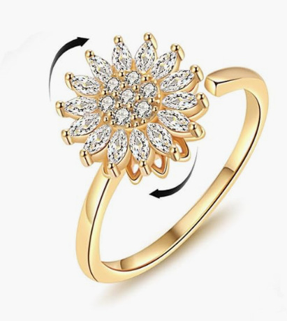 Unisex vara saulespuķu juvelierizstrādājumu komplekts: rotējošais gredzens, cirkona rokassprādze, kakla kaula ķēde, kulons un auskari