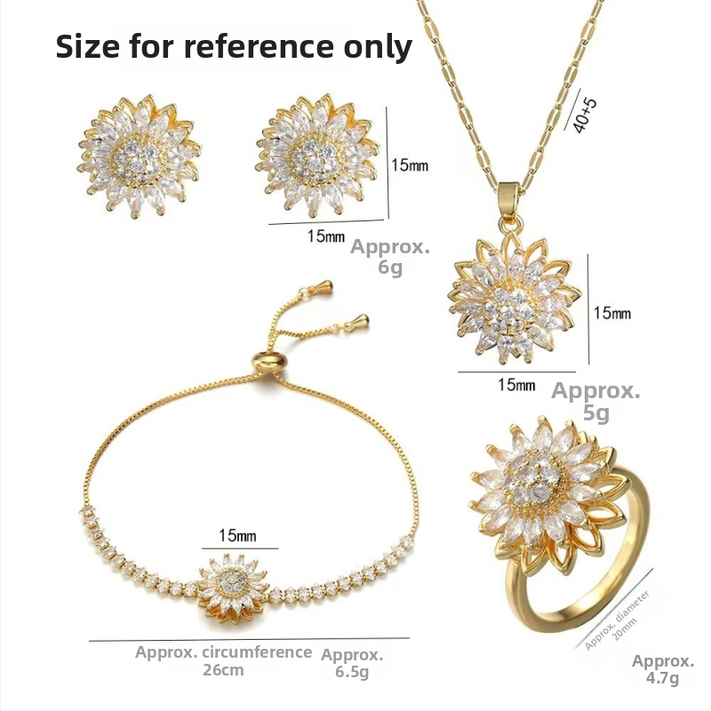 Unisex vara saulespuķu juvelierizstrādājumu komplekts: rotējošais gredzens, cirkona rokassprādze, kakla kaula ķēde, kulons un auskari