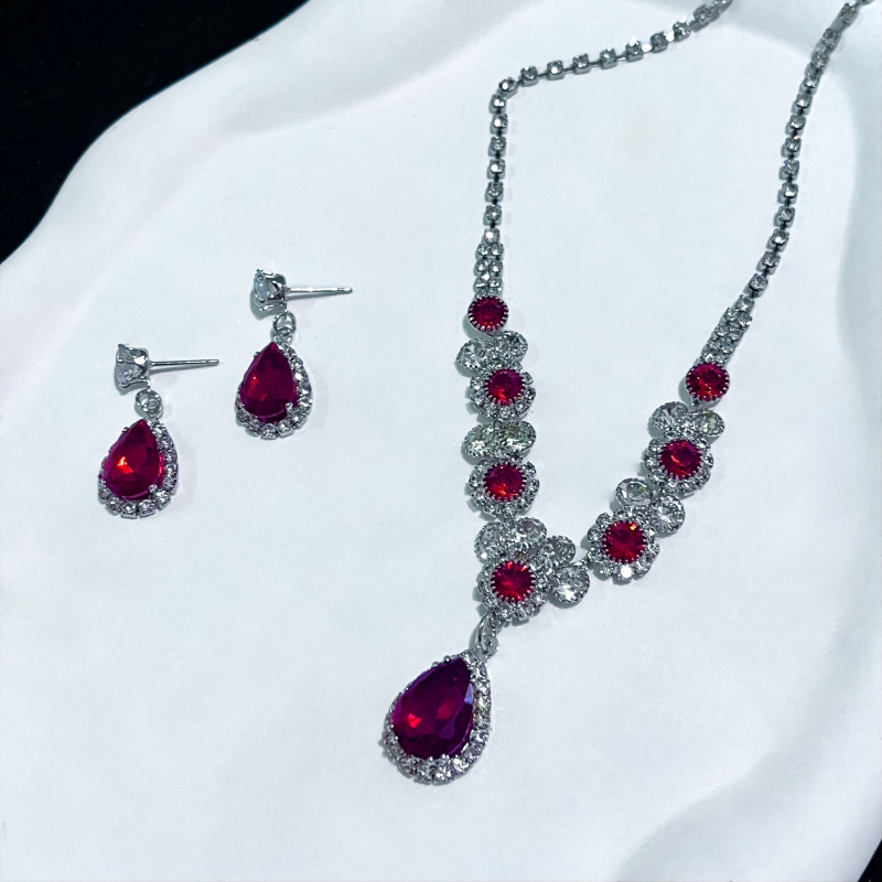 Kāzu rotaslietu komplekts: kaklarota un auskari ar clavicle ķēdi, Rhinestone kristāli, elektroplatinga apdare, forma: sirds/asara/zvaniņš