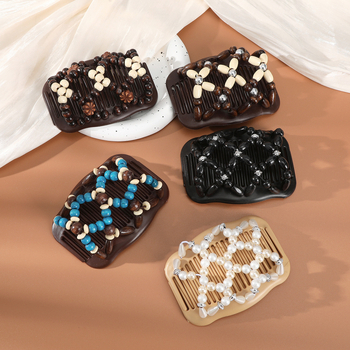 Puidust juuksekamm kahe reale sandlipuu helmestega, vintage stiil, geomeetriline disain, bränd DINGJUE, kevad 2024