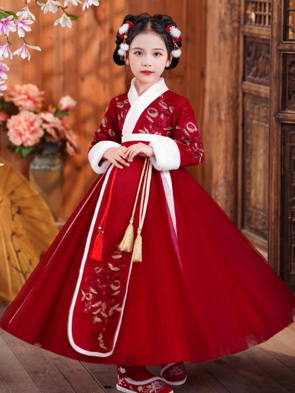 Lányoknak szóló Tang-stílusú ruha vastag köpenyével, 2025 téli kollekció, lágyított poliészterből, 8 éves kortól