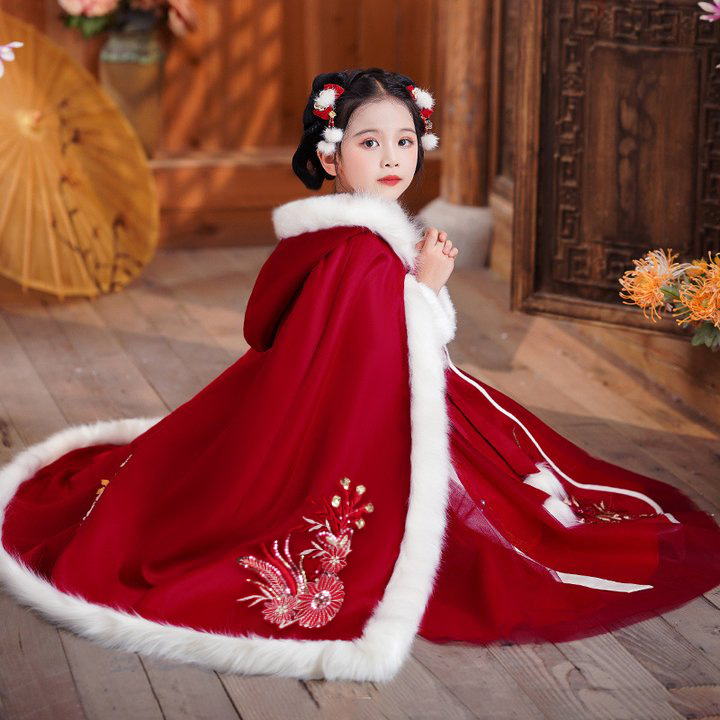 Lányoknak szóló Tang-stílusú ruha vastag köpenyével, 2025 téli kollekció, lágyított poliészterből, 8 éves kortól