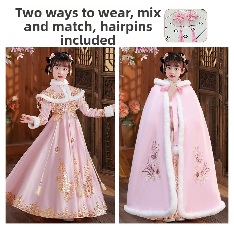 Lányoknak szóló Tang-stílusú ruha vastag köpenyével, 2025 téli kollekció, lágyított poliészterből, 8 éves kortól