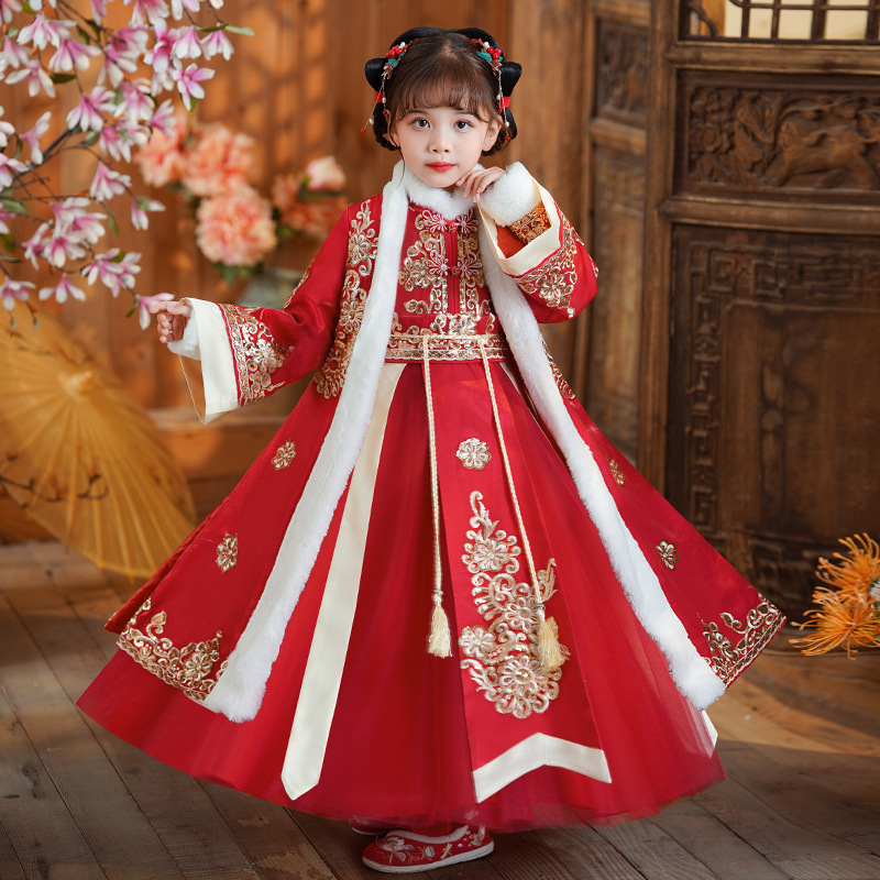 Lányoknak szóló Tang-stílusú ruha vastag köpenyével, 2025 téli kollekció, lágyított poliészterből, 8 éves kortól