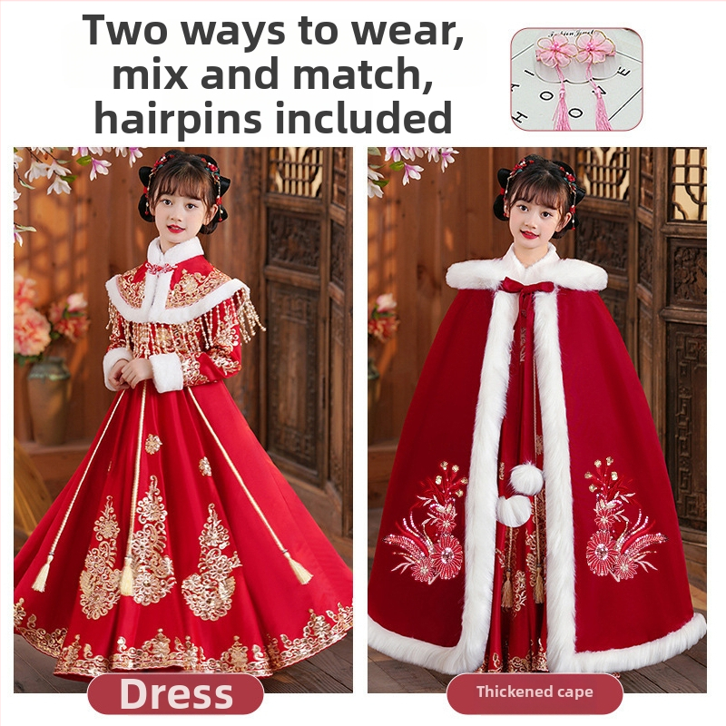 Lányoknak szóló Tang-stílusú ruha vastag köpenyével, 2025 téli kollekció, lágyított poliészterből, 8 éves kortól