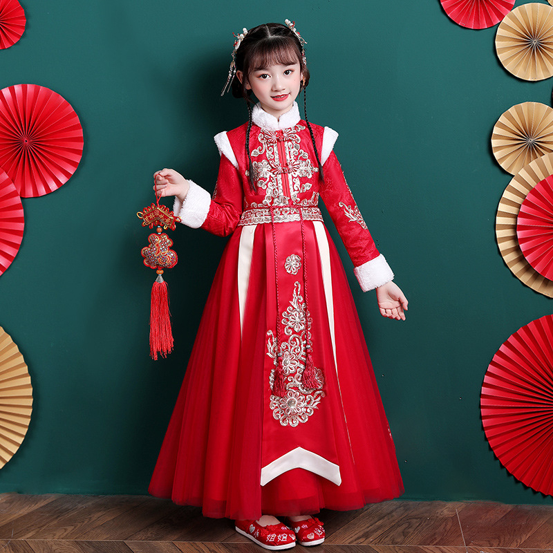 Lányoknak szóló Tang-stílusú ruha vastag köpenyével, 2025 téli kollekció, lágyított poliészterből, 8 éves kortól