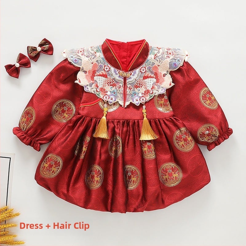 Gyermekeknek szóló kínai stílusú Tang ruhácska első születésnapra — koi minta, fleece bélés, regenerált cellulóz anyagú szövet, 2025 ősz kiadás, 1–3 éves korosztálynak