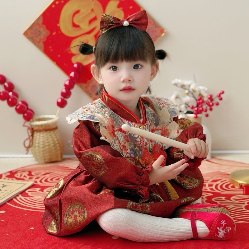 Gyermekeknek szóló kínai stílusú Tang ruhácska első születésnapra — koi minta, fleece bélés, regenerált cellulóz anyagú szövet, 2025 ősz kiadás, 1–3 éves korosztálynak