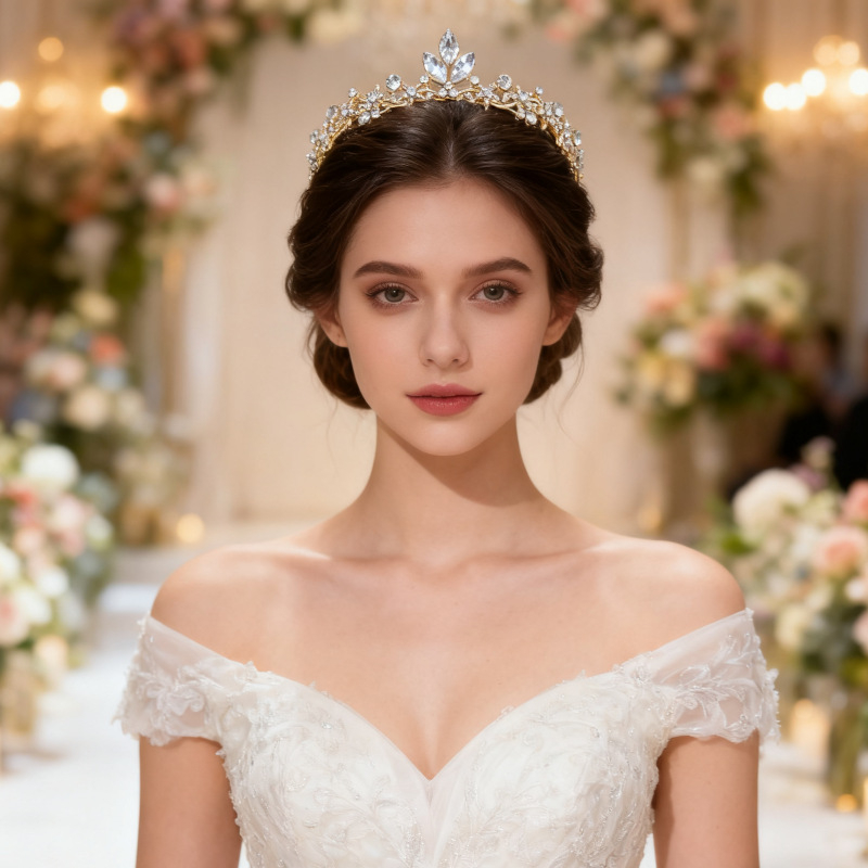 Vjenčana tiara – korona s lišćem baroknog stila, legura K9, vintage stil, elektroplatiranje, bijeli kristal