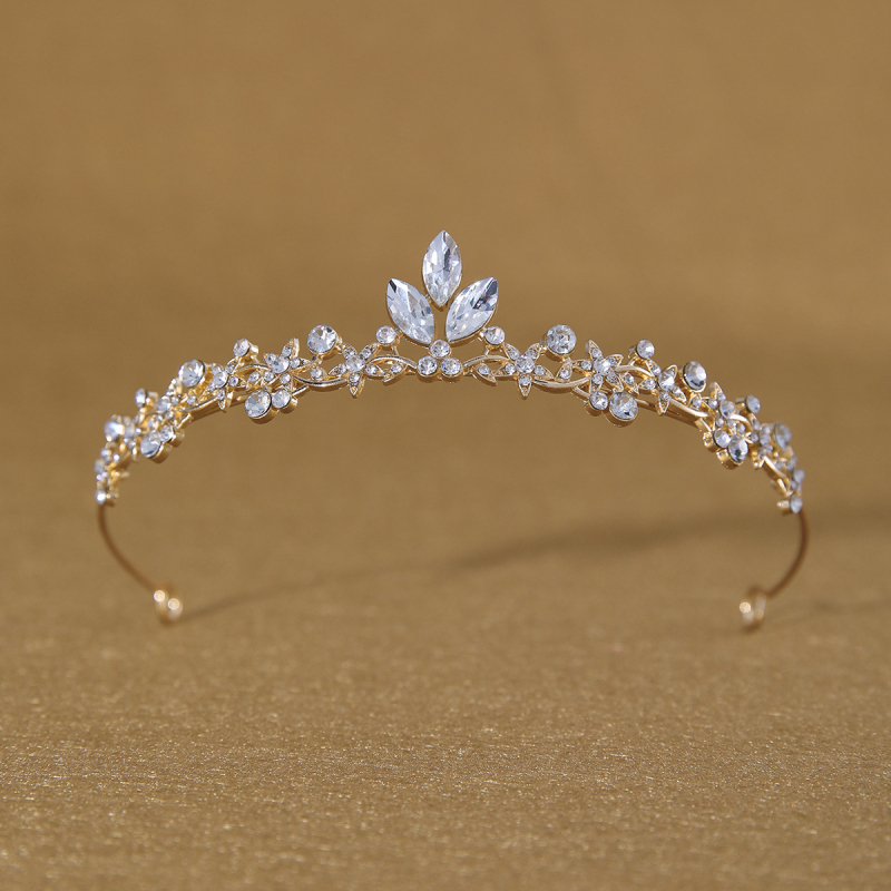 Vjenčana tiara – korona s lišćem baroknog stila, legura K9, vintage stil, elektroplatiranje, bijeli kristal