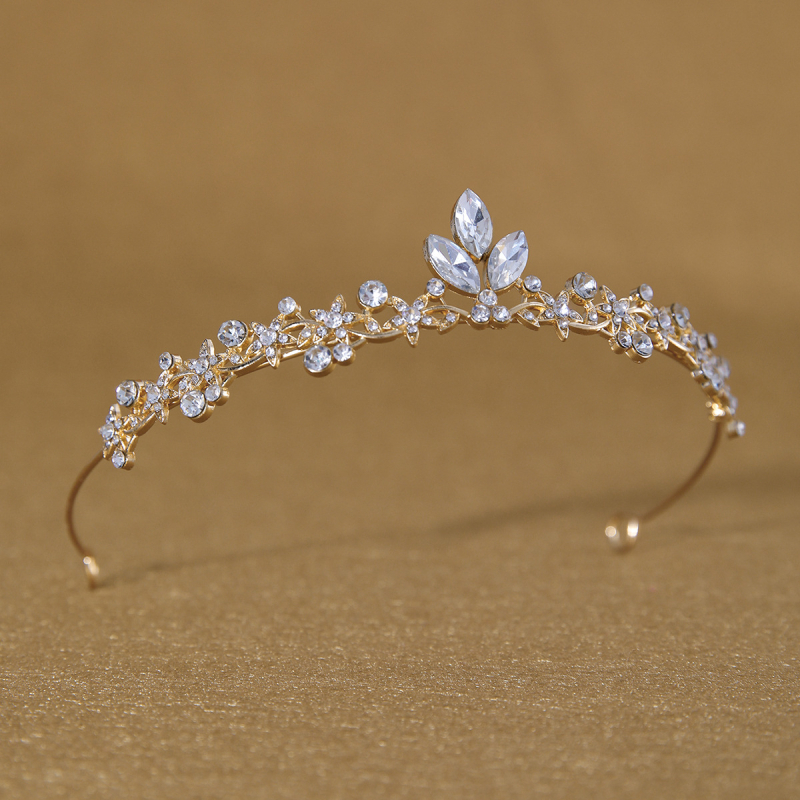 Vjenčana tiara – korona s lišćem baroknog stila, legura K9, vintage stil, elektroplatiranje, bijeli kristal