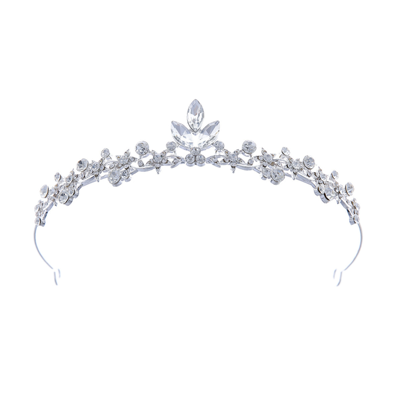 Vjenčana tiara – korona s lišćem baroknog stila, legura K9, vintage stil, elektroplatiranje, bijeli kristal