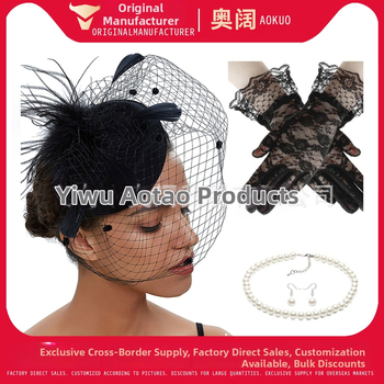 Set retro de mireasă pentru păr cu pene și plasă de voal, cercei și mănuși — lucrat manual, pentru femei, 5463 seturi