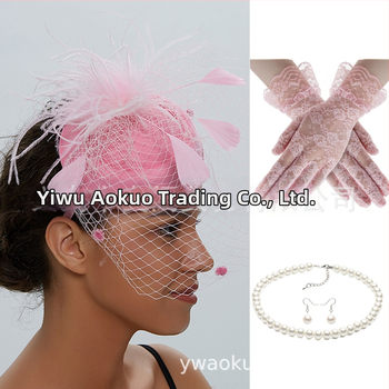 Set retro de mireasă pentru păr cu pene și plasă de voal, cercei și mănuși — lucrat manual, pentru femei, 5463 seturi
