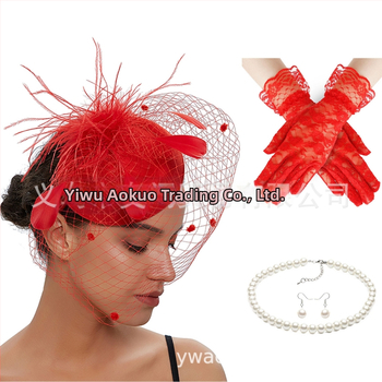 Set retro de mireasă pentru păr cu pene și plasă de voal, cercei și mănuși — lucrat manual, pentru femei, 5463 seturi