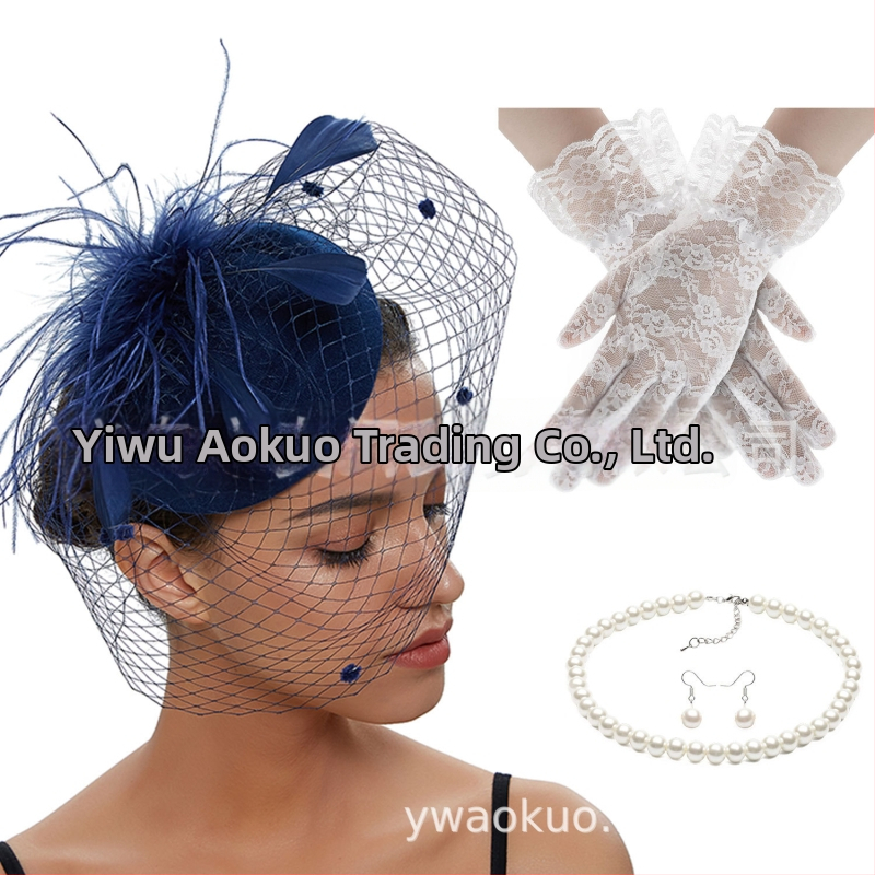 Retro svadobný set na hlavu s perami a sieťovanou gáznou, náušnice a rukavice – ručne vyrobené, pre ženy, 5463 setov